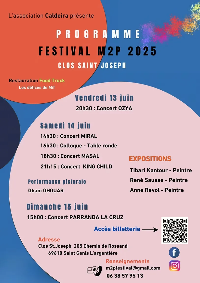 Affiche du programme annoncé : Ozya le 13 juin, Masal, King Child et Miral le 14 juin, un concert le 15 juin